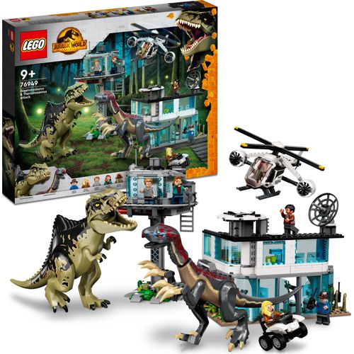 LEGO Jurassic World Giganotosaurus & Therizinosaurus Angriff Set mit Spielzeug-Hubschrauber, Garage, Spielzeugauto und 2 Dinosaurier-Figuren, Geschenk für Fans von der Jurassic Park-Reihe 76949