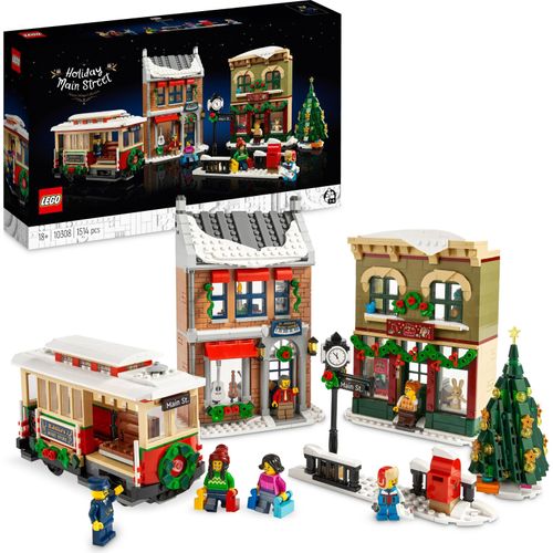 LEGO 10308 Icons Weihnachtlich geschmückte Hauptstraße, Winterdorf Modellbausatz mit Straßenbahn, Geschäften, Zubehör und Weihnachtsdekoration