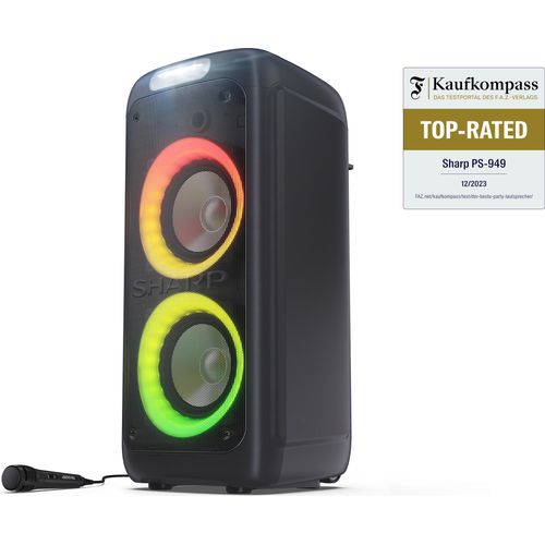 SHARP PS-949 Bluetooth Party-Lautsprecher, 200 Watt, 13 Stunden Spielzeit, Super Bass, LED-Lichteffekte, Mikrofon, schwarz