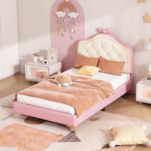 Kinderbett mit Polsterkopfteil, Schleife & LED-Lichtstreifen, 90x200cm, 205x97x112cm, Rosa