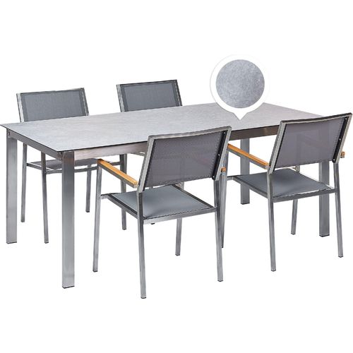 BELIANI Gartenmöbel Set 7-Teilig Grau Edelstahl 4 Stühle Polyester Tisch 180x90 cm Sicherheitsglas Keramik Gartenausstattung Terrasse Outdoor Indoor