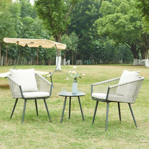 Gartenmöbelset ‘Abriola’ 3-tlg. mit Kissen Metallgestell Seilgeflecht Grau