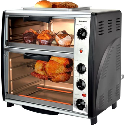 Syntrox Germany 42 Liter Doppel-Backofen Syntrox – Mini-Backofen mit BBQ, Drehspieß, 2400W, Edelstahl, 2 Garräume & Grillplatte