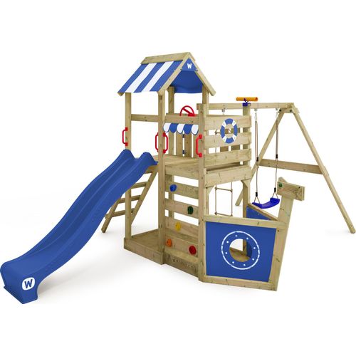 WICKEY Spielturm Klettergerüst SeaFlyer mit Schaukel & Rutsche, Baumhaus mit Sandkasten, Kletterleiter & Spiel-Zubehör - blau