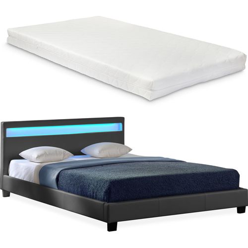 LED Polsterbett Matratze 140x200cm Dunkelgrau Kunst-Leder Doppel Bett CORIUM