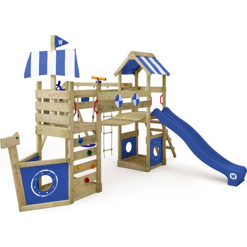 WICKEY Spielturm Klettergerüst StormFlyer mit Schaukel & Rutsche, Baumhaus mit Sandkasten, Kletterleiter & Spiel-Zubehör - blau