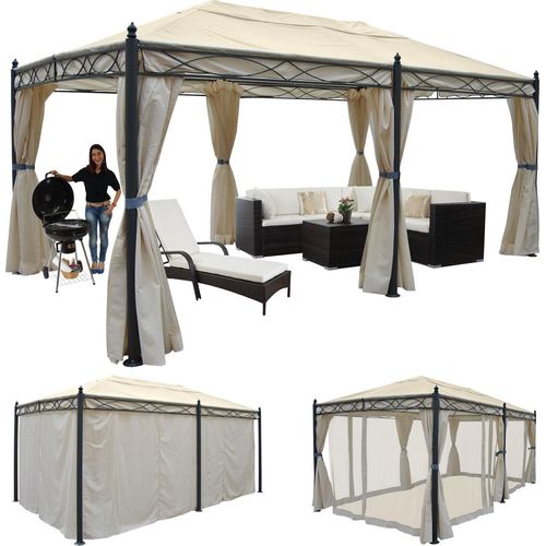 Pergola Cadiz, Pavillon, stabiles 7cm-Gestell 5x3m creme mit Seitenwand + Moskitonetz