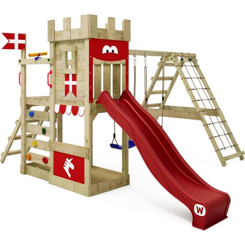 WICKEY Spielturm Ritterburg DragonFlyer mit Schaukel & Rutsche, Spielhaus mit Sandkasten, Kletterleiter & Spiel-Zubehör - rot