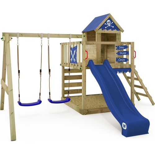 WICKEY Spielturm Klettergerüst Smart Cave mit Schaukel & Rutsche, Baumhaus mit Sandkasten, Kletterleiter & Spiel-Zubehör – blau
