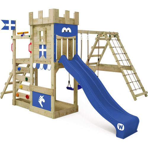 WICKEY Spielturm Ritterburg DragonFlyer mit Schaukel & Rutsche, Spielhaus mit Sandkasten, Kletterleiter & Spiel-Zubehör - blau