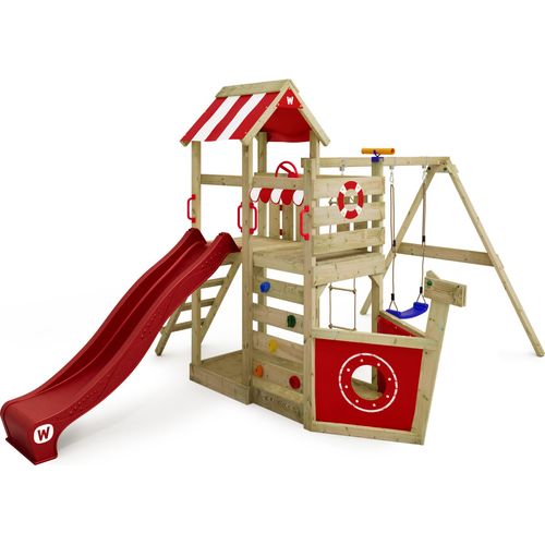 WICKEY Spielturm Klettergerüst SeaFlyer mit Schaukel & Rutsche, Baumhaus mit Sandkasten, Kletterleiter & Spiel-Zubehör - rot