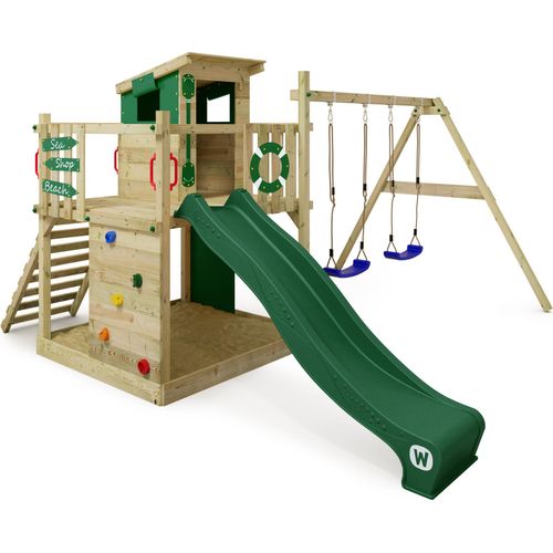 WICKEY Spielturm Klettergerüst Smart Camp mit Schaukel & Rutsche, Baumhaus mit Sandkasten, Kletterleiter & Spiel-Zubehör - grün