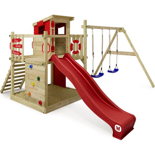 WICKEY Spielturm Klettergerüst Smart Camp mit Schaukel & Rutsche, Baumhaus mit Sandkasten, Kletterleiter & Spiel-Zubehör - rot
