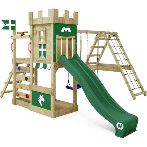 WICKEY Spielturm Ritterburg DragonFlyer mit Schaukel & Rutsche, Spielhaus mit Sandkasten, Kletterleiter & Spiel-Zubehör - grün