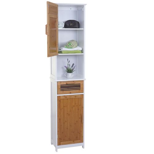 Hochschrank MCW-A85, Badschrank Badregal Bambus, MVG- 180x40x31cm weiß
