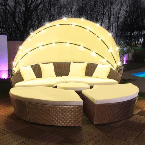LED - Sonneninsel Rattan Lounge Polyrattan Sitzgruppe Liege Insel 210cm inkl. Abdeckcover