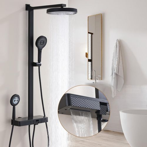 HOMELIVE Duschsystem mit 40℃ Thermostat4 Wasserstrahl-FunktionRegenduscheHandbrauseUnterwasserfallKinderbrauseGehärtetes Glas Ablage-Thermostat