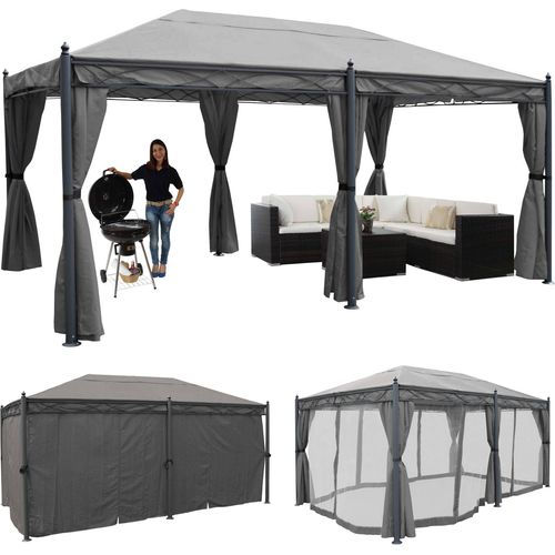 Pergola Cadiz, Pavillon, stabiles 7cm-Gestell 5x3m grau mit Seitenwand + Moskitonetz