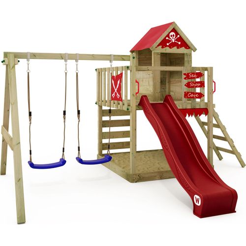 WICKEY Spielturm Klettergerüst Smart Cave mit Schaukel & Rutsche, Baumhaus mit Sandkasten, Kletterleiter & Spiel-Zubehör - rot
