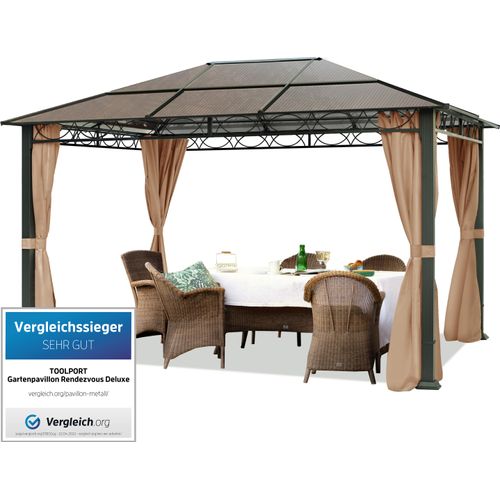 Gartenpavillon 3x4 m wasserdicht ALU Deluxe Pavillon mit 4 Seitenteilen Partyzelt in Taupe lichtdurchlässiges Hardtop Dach