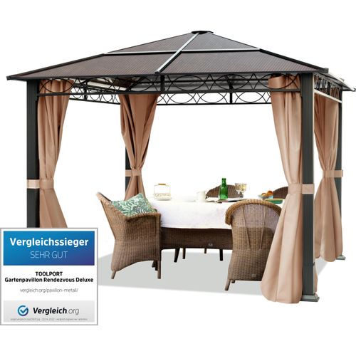 Gartenpavillon 3x3 m wasserdicht ALU Deluxe Pavillon mit 4 Seitenteilen in Taupe lichtdurchlässiges Hardtop Dach