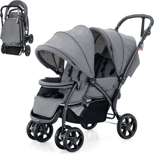 COSTWAY Geschwisterwagen klappbar Zwillingswagen Zwillingsbuggy Kinderwagen Baby Reisebuggy grau