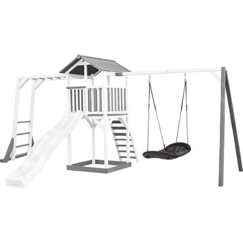 AXI Beach Tower Spielturm aus Holz in Weiß & Grau | Spielhaus für Kinder mit weißer Rutsche, Klettergerüst, Nestschaukel und Sandkasten | Stelzenhaus