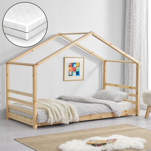Kinderbett + Matratze mit Lattenrost und Gitter 90x200cm Hausbett Holz Bettenhaus Bett Jugendbett [en.casa]