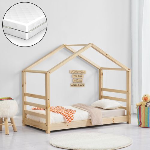 Kinderbett + Matratze mit Lattenrost und Gitter 80x160cm Hausbett Holz Bettenhaus Bett Jugendbett [en.casa]