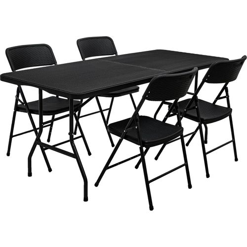 Gartenmöbel Set in Rattan Optik - 180 cm Tisch mit 4 Stühlen Sitzgruppe Klappbar