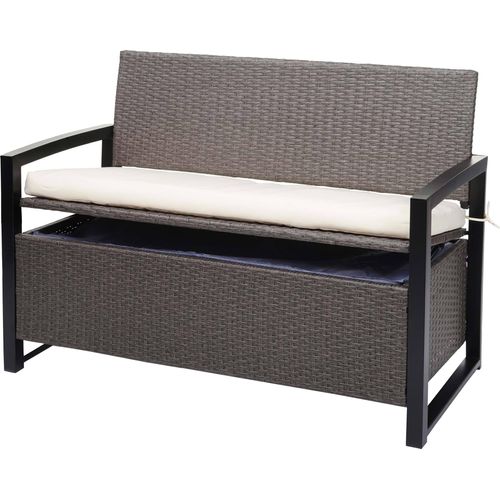 Poly-Rattan 2er Sitzbank MCW-F39, Gartenbank Truhenbank, Staufach Aufbewahrung Sitzkissen grau-meliert, Kissen creme