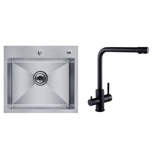 CECIPA Küchenspüle 50cm* 45cm Gebürstetere + Küchenarmatur zur Wasseraufbereitung schwarz