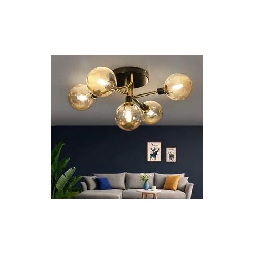 ZMH Deckenleuchte 5 Flammig mit Glas Kugel Bernstein Deckenlampe Warmweiß G9 Fassung Innenleuchte Kronleuchte für Schlafzimmer Wohnzimmer