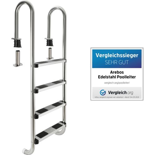 AREBOS Edelstahl Poolleiter | inkl. Kunststoffbolzen, Flanschrohr & Montagematerial | 2 Montagemöglichkeiten | Einbauleiter 4 Stufen Silber
