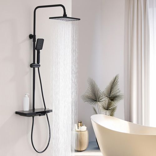 Homelody Schwarz Duschsystem mit Thermostat,Handbrause,Regendusche Armatur,Badezimmer Duscharmatur Komplettset,Thermostatdusche mit Stauraum,Messing