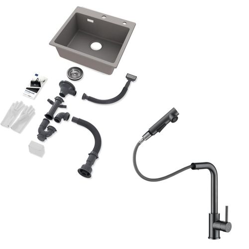 CECIPA Granitspüle Küchenspüle 50*45cm+Ausziehbar Küchenarmatur Küche grau