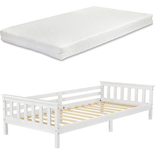 Kinderbett Nuuk mit Kaltschaummatratze 90x200 cm Jugendbett mit Stauraum und Lattenrost Kojenbett Kiefernholz Sperrholz Weiß