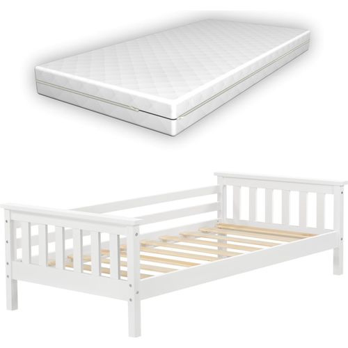 Kinderbett Nuuk mit Komfort-Matratze 70x140 cm Jugendbett mit Stauraum und Lattenrost Kojenbett Kiefernholz Sperrholz Weiß