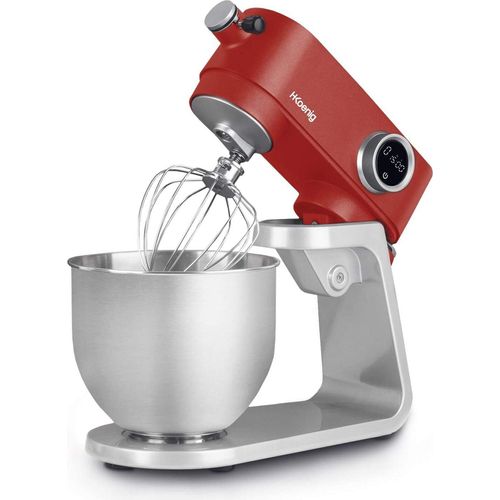 H.Koenig KM124 Professioneller Teigmischer, 800 W, 5 l Kapazität, 8 Geschwindigkeiten, bis zu 1,5 kg Teig, Liege- und beweglicher Kopf, Pizza, Gebäck, Brot, Edelstahl, 78 dB, Grau und Rot