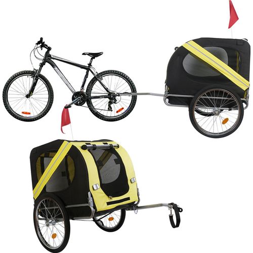 Wiltec Hunde Fahrradanhänger 220x700x78cm gelb-schwarz mit Sicherheitsdrehkupplung, Lastenanhänger Fahrrad mit Fliegengitter & Regenschutz