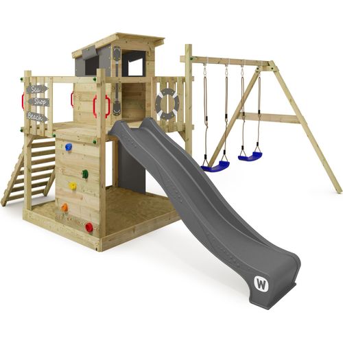 WICKEY Spielturm Klettergerüst Smart Camp mit Schaukel & Rutsche, Baumhaus mit Sandkasten, Kletterleiter & Spiel-Zubehör - anthrazit