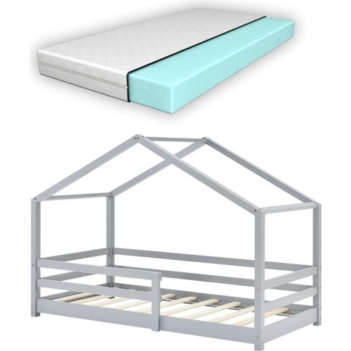 Kinderbett mit Matratze und Rausfallschutz 70x140cm Hausbett mit Kaltschaummatratze Bettenhaus mit Lattenrost Kiefernholz Kleinkindbett Hellgrau [en.casa]