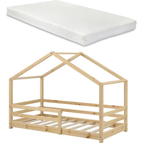 Kinderbett mit Matratze und Rausfallschutz 90x200cm Hausbett mit Kaltschaummatratze Bettenhaus mit Lattenrost Kiefernholz Einzelbett Natur Holz [en.casa]