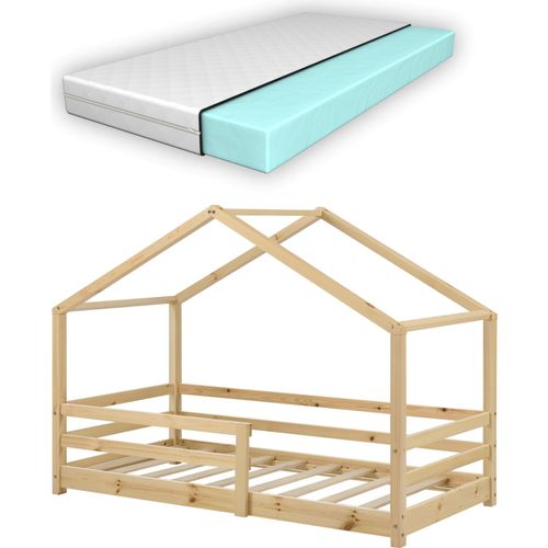 Kinderbett mit Matratze und Rausfallschutz 70x140cm Hausbett mit Kaltschaummatratze Bettenhaus mit Lattenrost Kiefernholz Kleinkindbett Natur Holz [en.casa]