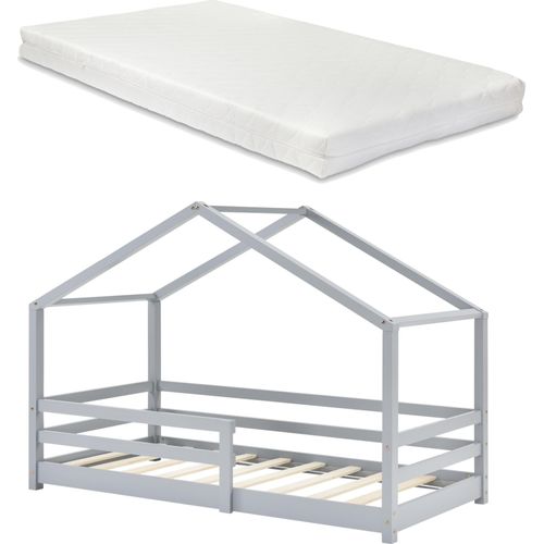 Kinderbett mit Matratze und Rausfallschutz 90x200cm Hausbett mit Kaltschaummatratze Bettenhaus mit Lattenrost Kiefernholz Einzelbett Hellgrau [en.casa]