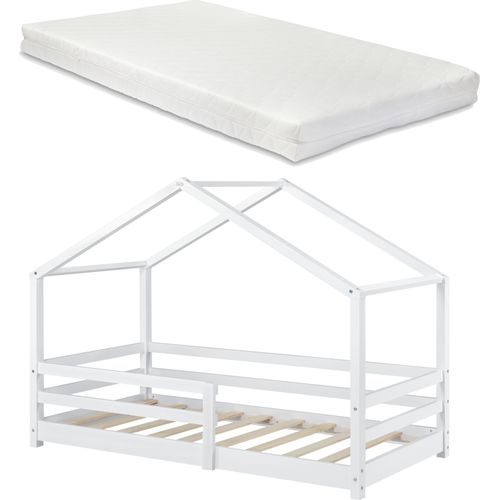 Kinderbett mit Matratze und Rausfallschutz 90x200cm Hausbett mit Kaltschaummatratze Bettenhaus mit Lattenrost Kiefernholz Einzelbett Weiß [en.casa]