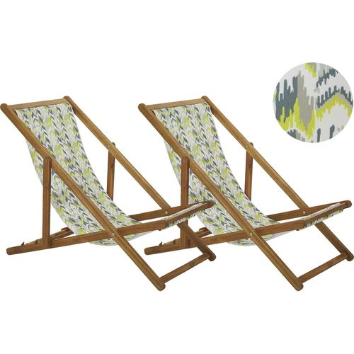 BELIANI Liegestühle 2er Set aus hellem Akazienholz mit gelb-grauem Bezug zusammenklappbar Zick Zack Muster Gartenausstattung Gartenzubehör Modern