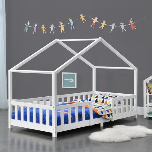 Kinderbett ’Treviolo‘ in Haus-Optik mit Rausfallschutz Kiefernholz 90 x 200 cm Weiß
