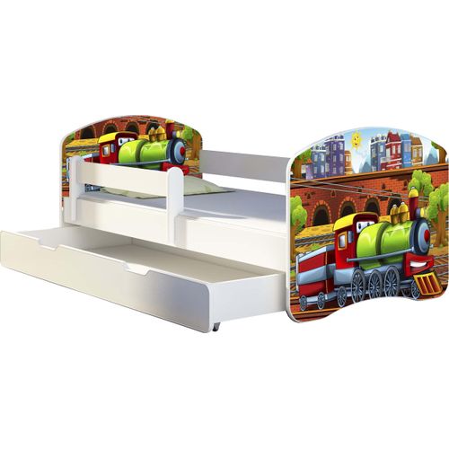 ACMA Jugendbett Kinderbett Junior-Bett Komplett-Set mit Matratze Lattenrost und Rausfallschutz Weiß 44 Lokomotive 160x80 + Bettkasten