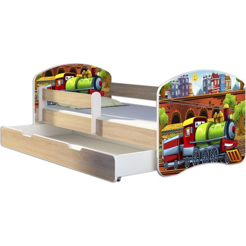 ACMA Jugendbett Kinderbett Junior-Bett Komplett-Set mit Matratze Lattenrost und Rausfallschutz Sonoma 44 Lokomotive 160x80 + Bettkasten